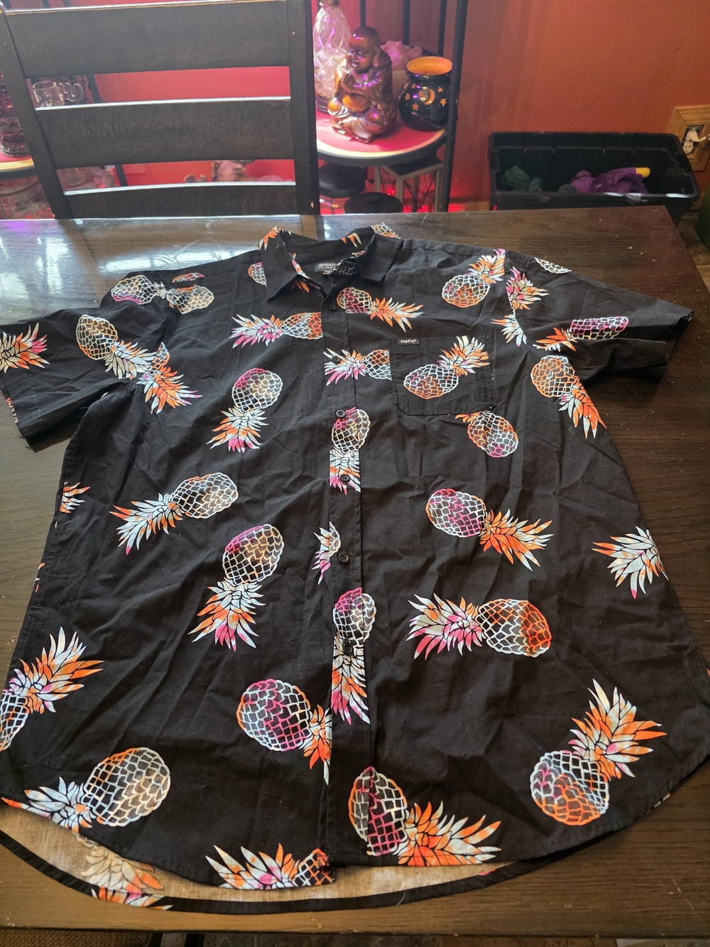 Matix Black Short-Sleeve Button-Up with Orange & Pink Pineapple Print
